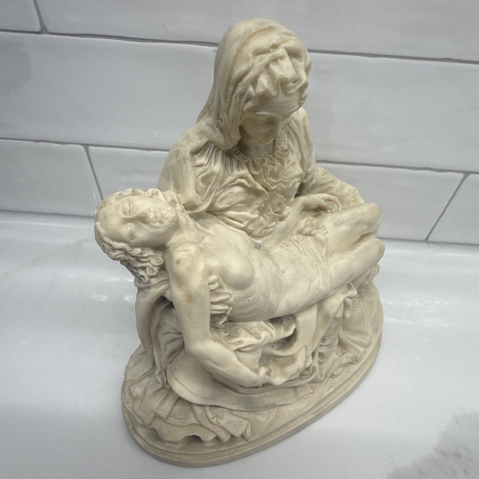 Italian Pieta Sculpture After Michelangelo P.A.T. Alabaster Religious Statue 6”