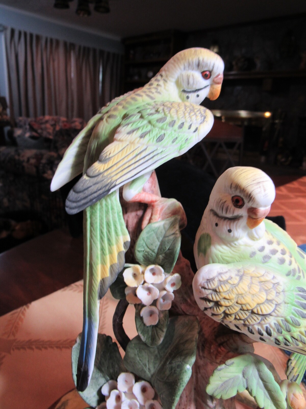 Bisque Parakeet Pair on a Wooden Base—-11-Inches Tall