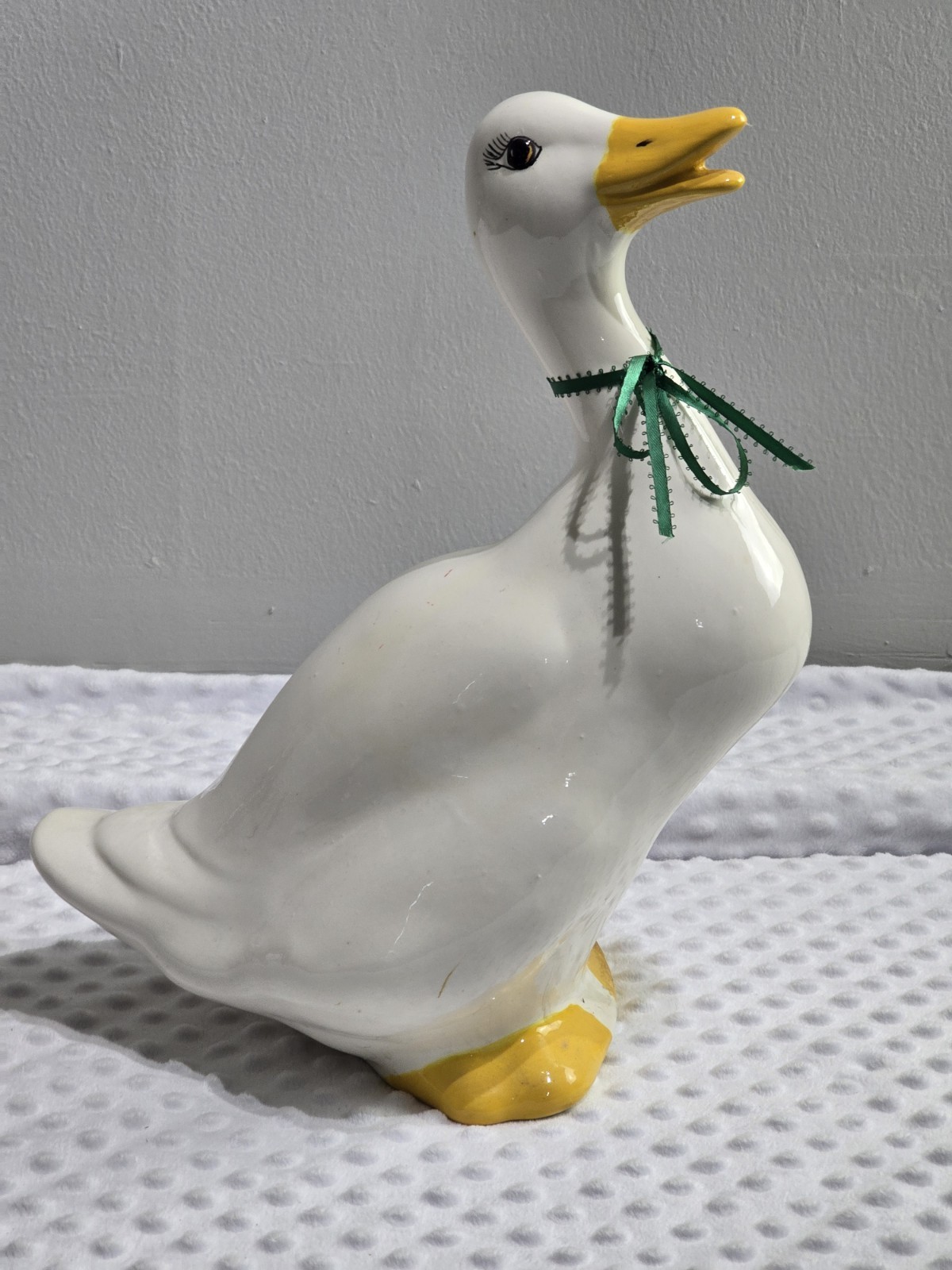 Vintage 1980’s Ceramic Goose Figurine 15″ White With Green Ribbon Bow Outdoors