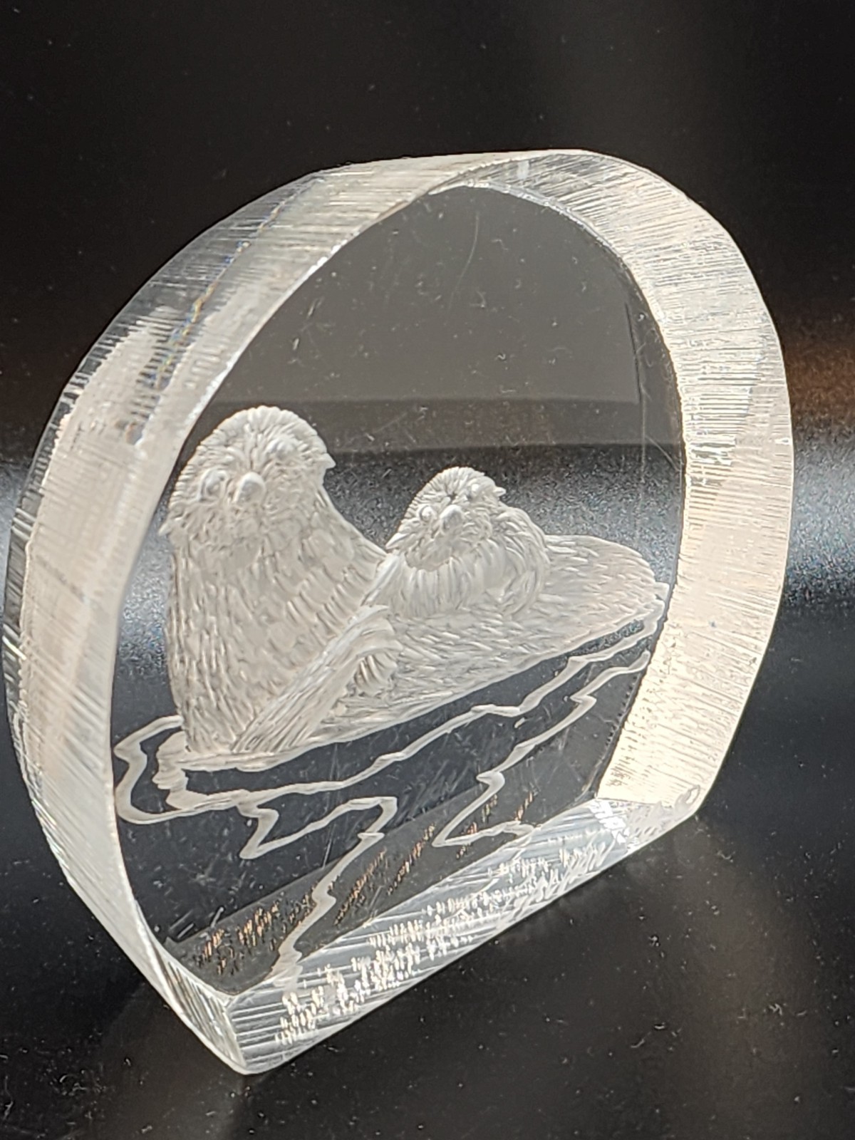 Vintage Joseph Galvan Etched Lucite Mom and Baby Otters Mantel Art Signed 1988