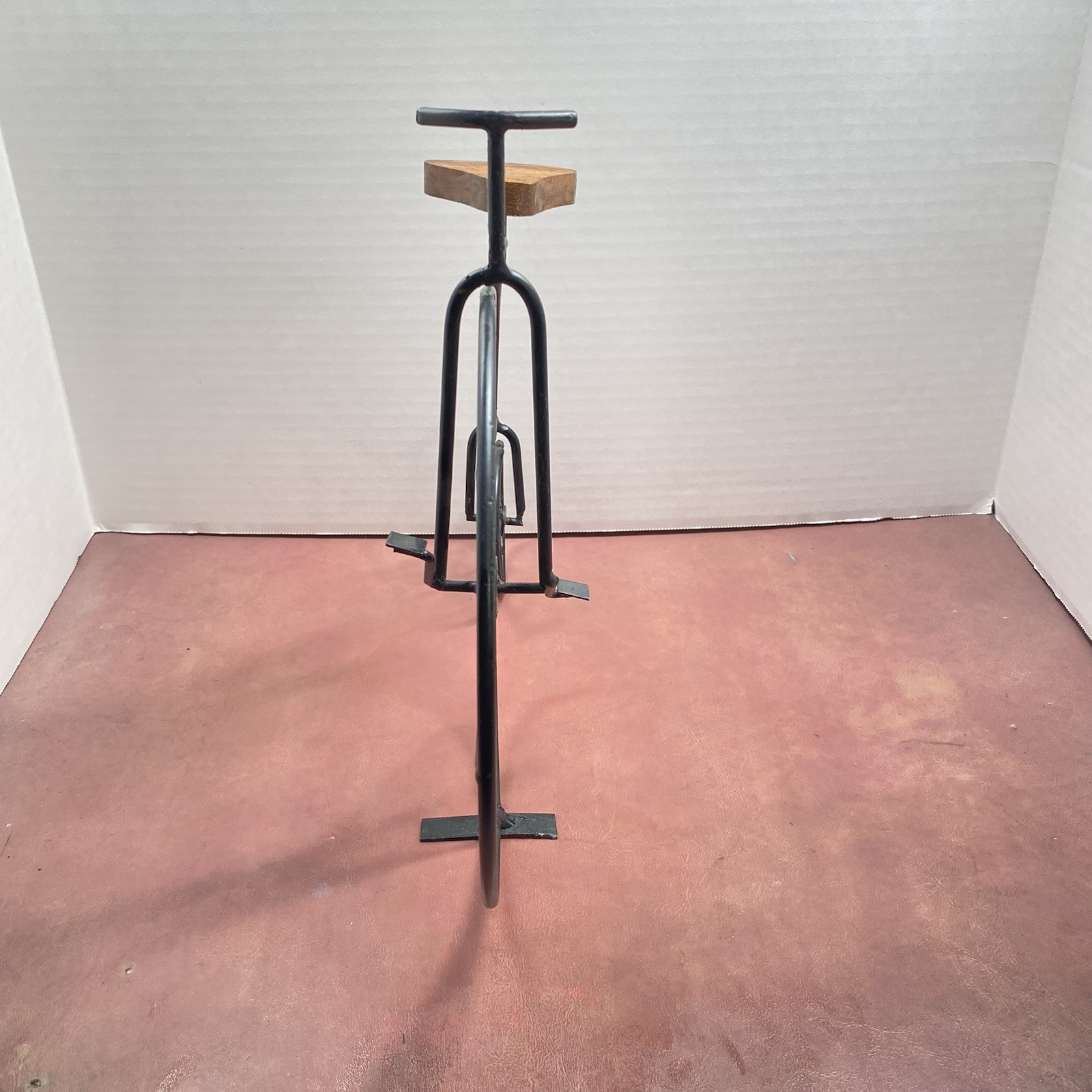 Vtg Style 12″ Penny Farthing Bicycle Metal Sculpture Wooden Seat Freestanding