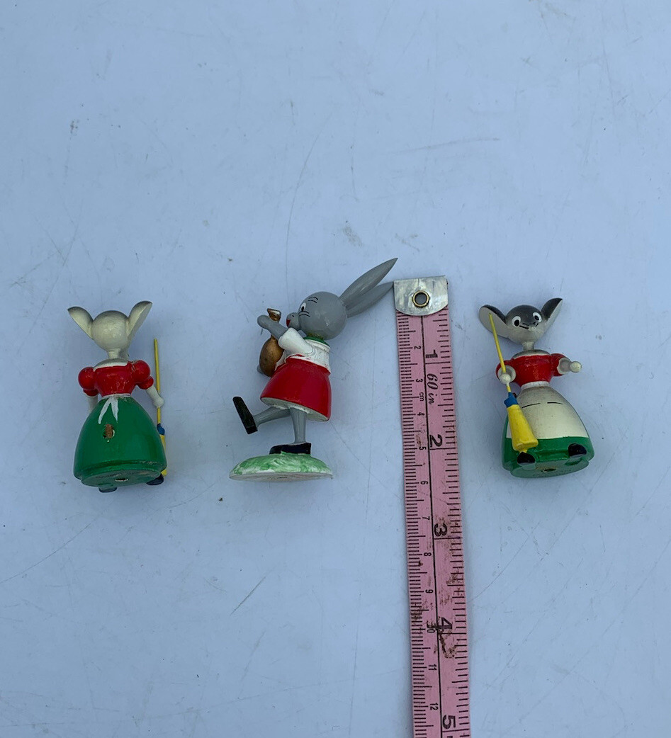 Lot 3 Vintage GOULA Spain Wooden Bunny , 2 Mice Figurines 2 “