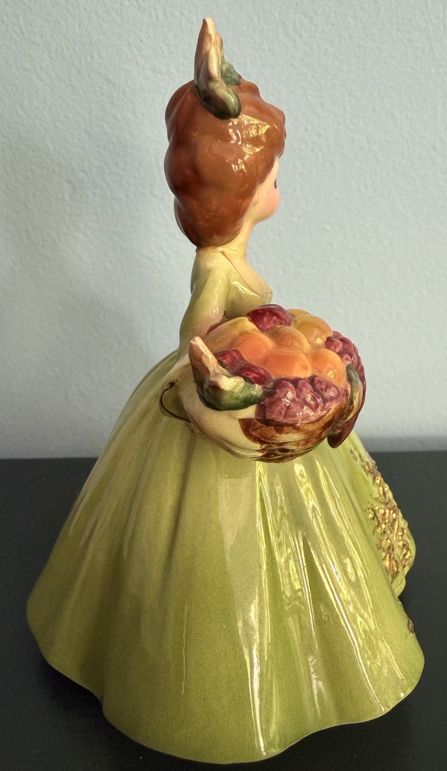 Josef Originals Fall Four Seasons Series Green Dress 5 ¾” Figurine Basket Fruit