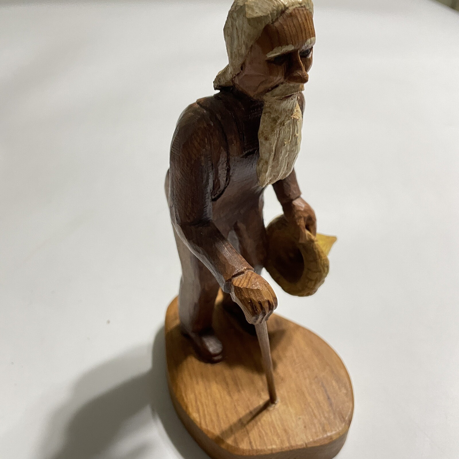 Hand Made Carving of Old Man with Can and hat Unknown Artist