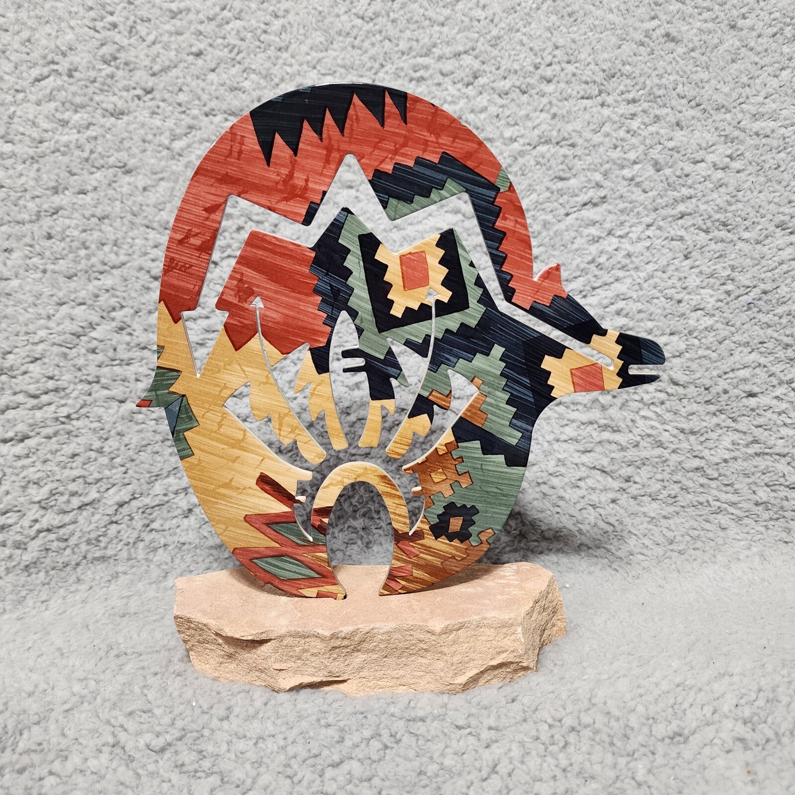 LAZART Petroglyph Sculpture Native American Multicolored Metal Artwork Rock Base
