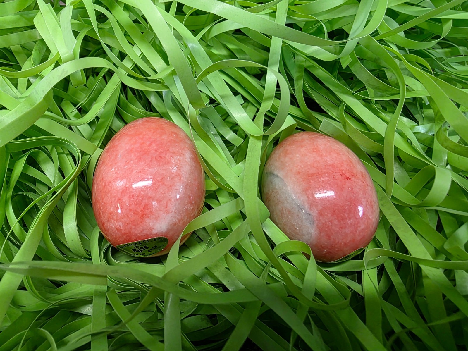 Vintage Russ Berrie Lot of 2 Stone Marble Pink Easter Eggs 1.75″ in Length