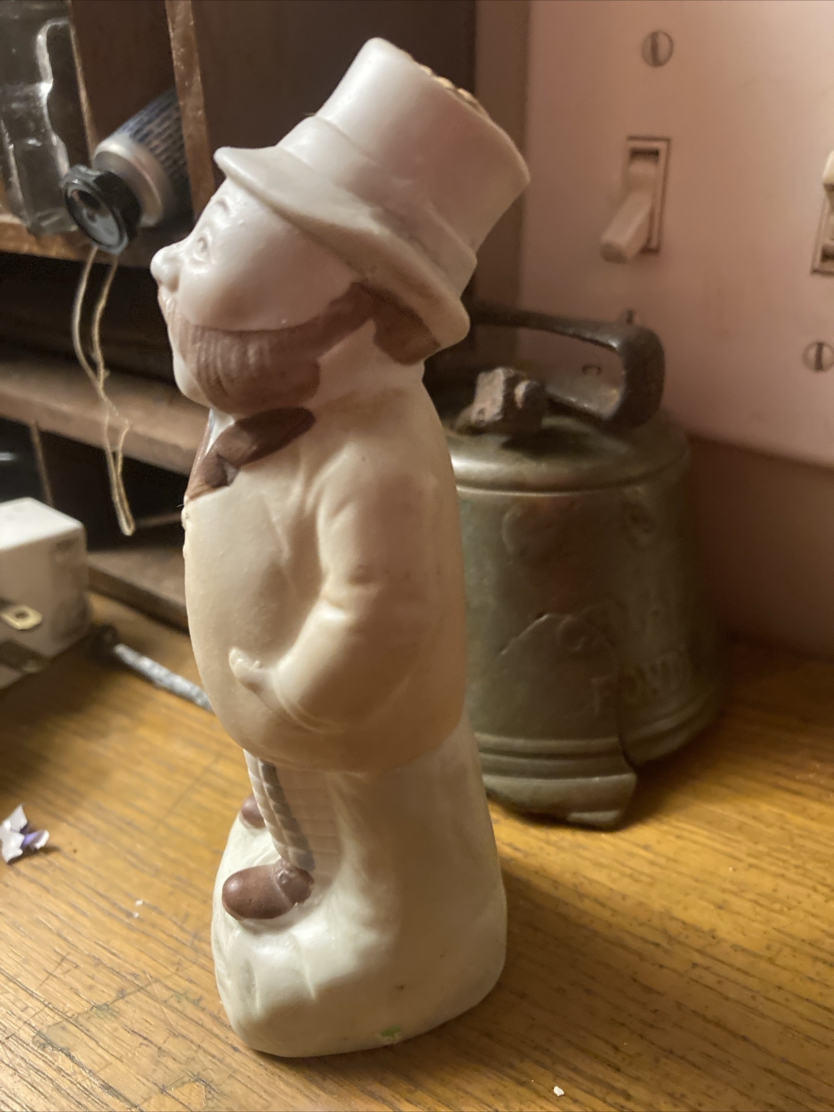 Antique Empty Bisque Porcelain Figure Bottle Of A Top Hat Bearded Man Germany