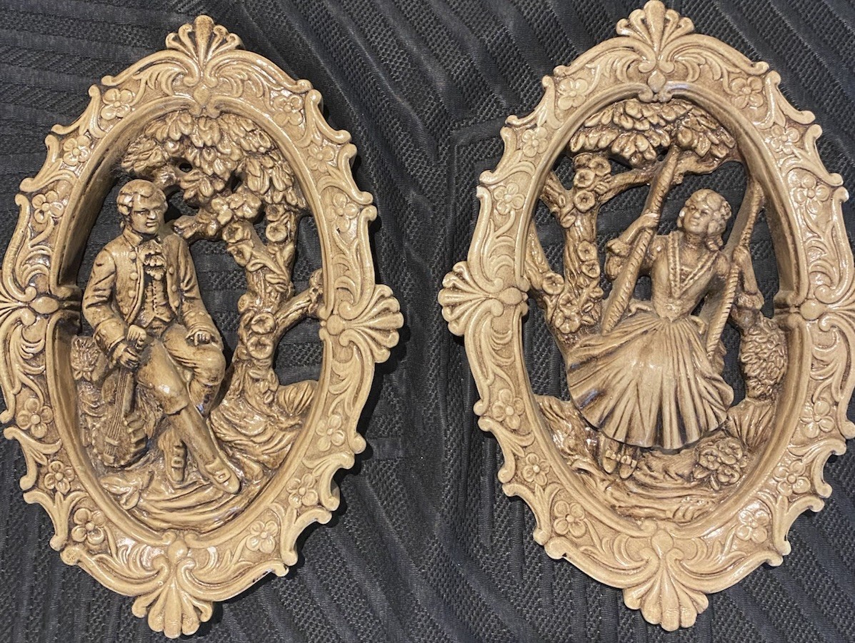 Pair Of Jayess Chalkware Brown & Gold Colonial Couple Wall Decor 14 X 9