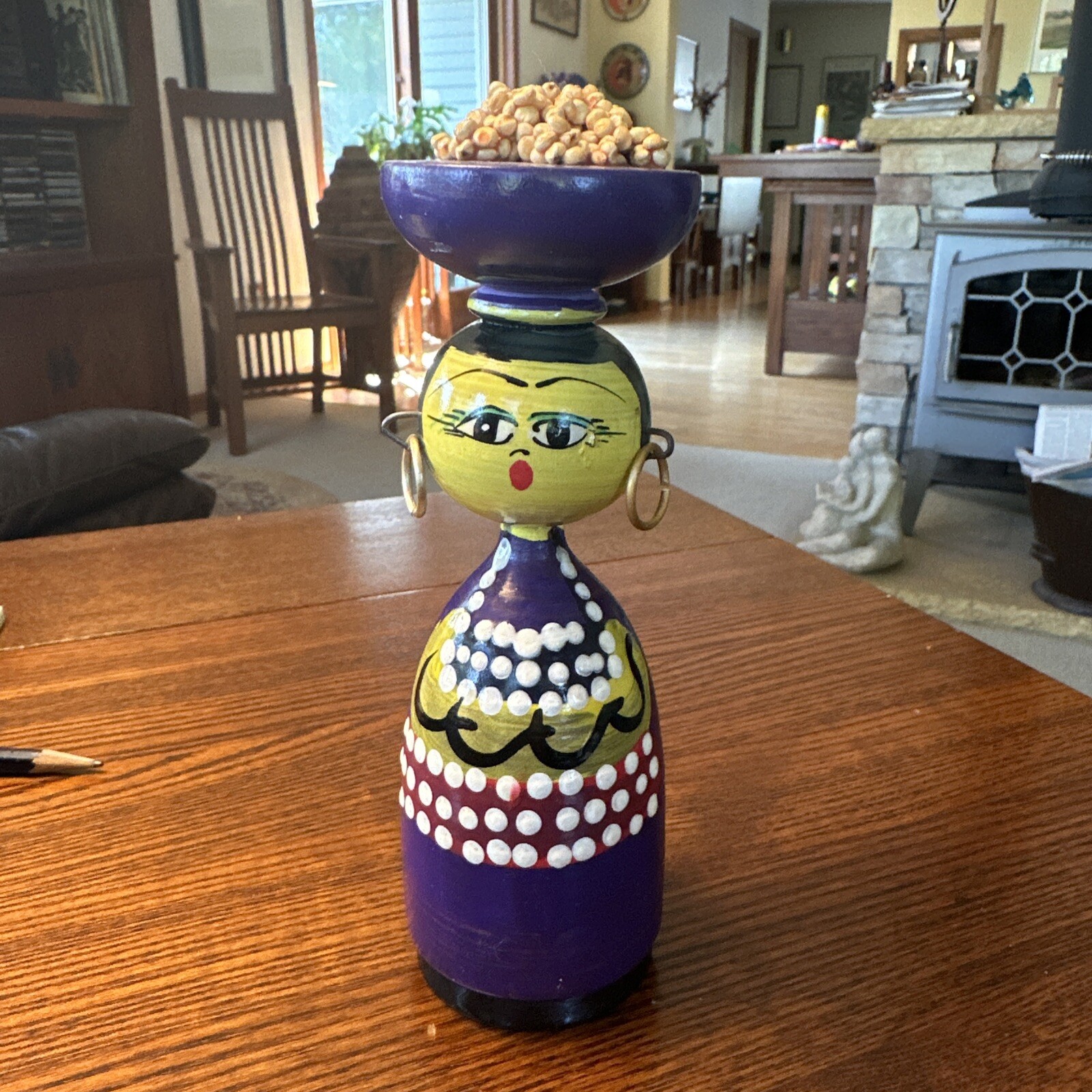 Hand Painted Wooden Spindle Spool Doll Folk Art Carmen Miranda Flamenco Figure