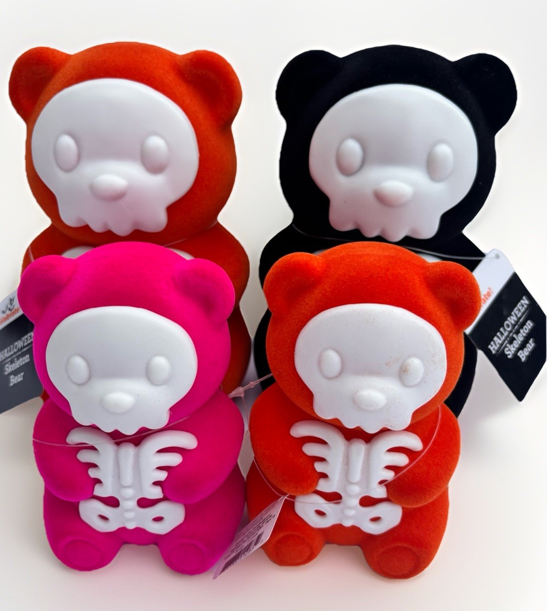 NWT Set of 4 Flocked Skeleton Bear Halloween Black Orange Pink 5″ & 8″ Free Ship