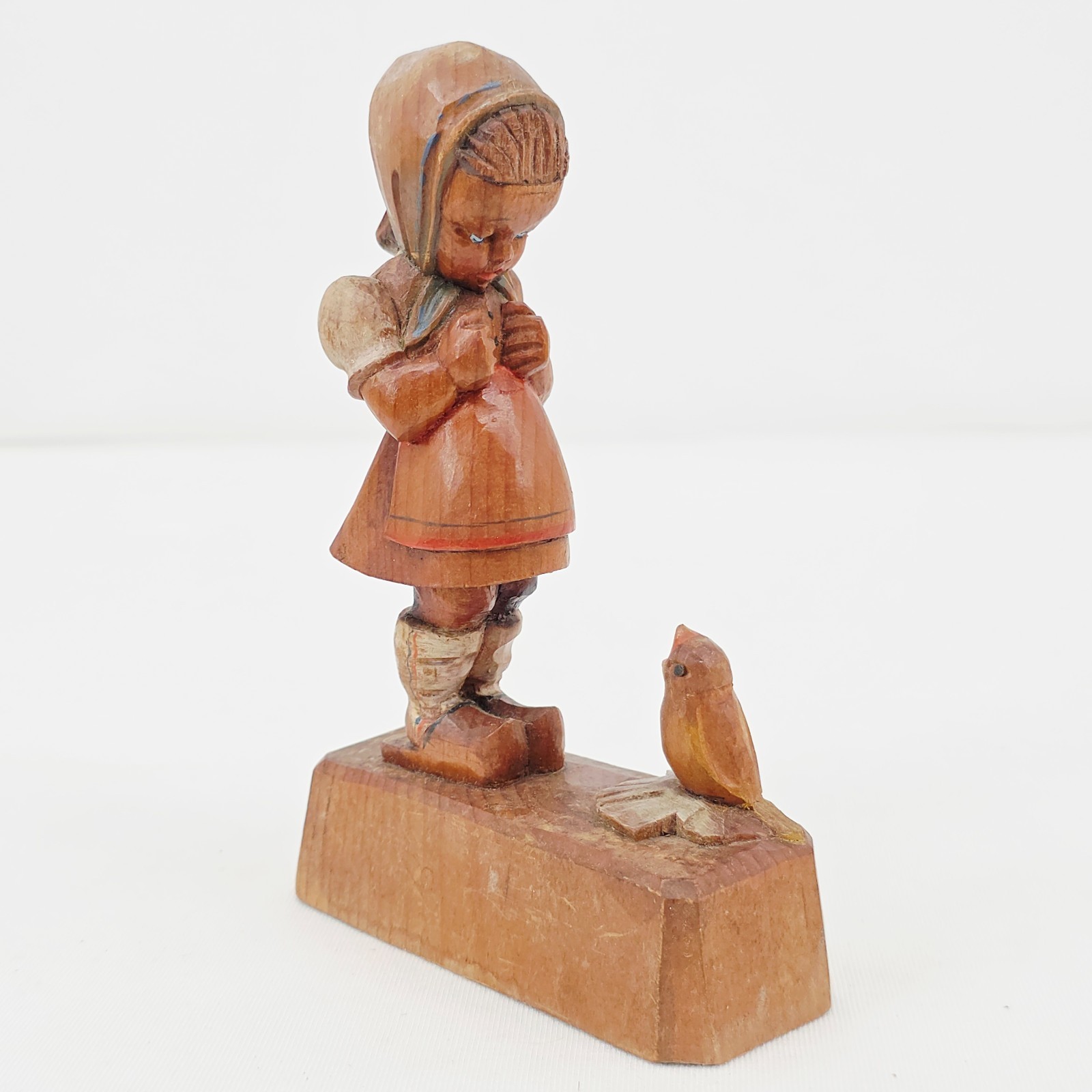 VTG Black Forest Hand-Carved Girl with Bird Figurine Germany 5.5″