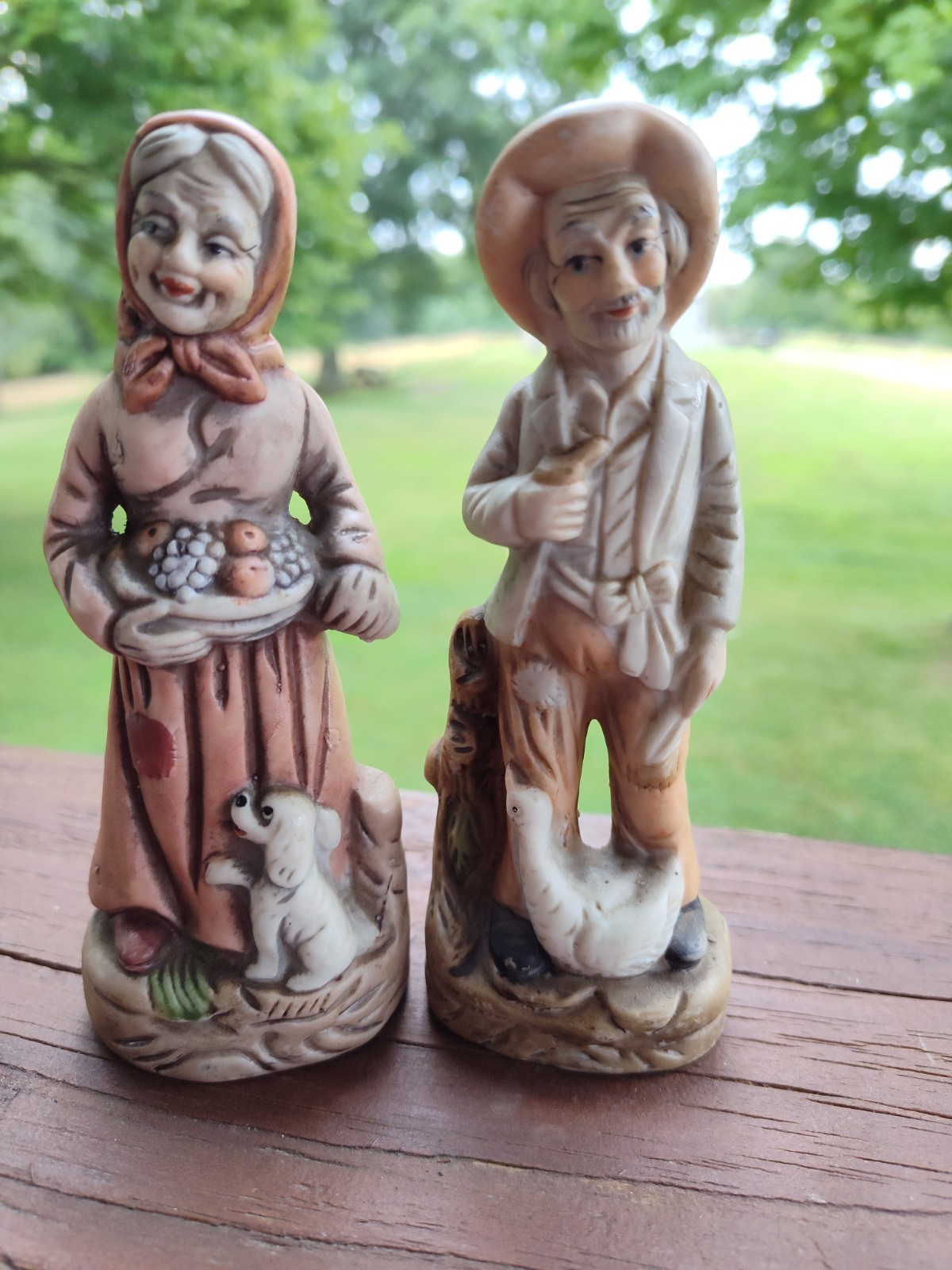 Vtg Old Man And Women With A Goose, Dog And Basket Of Food