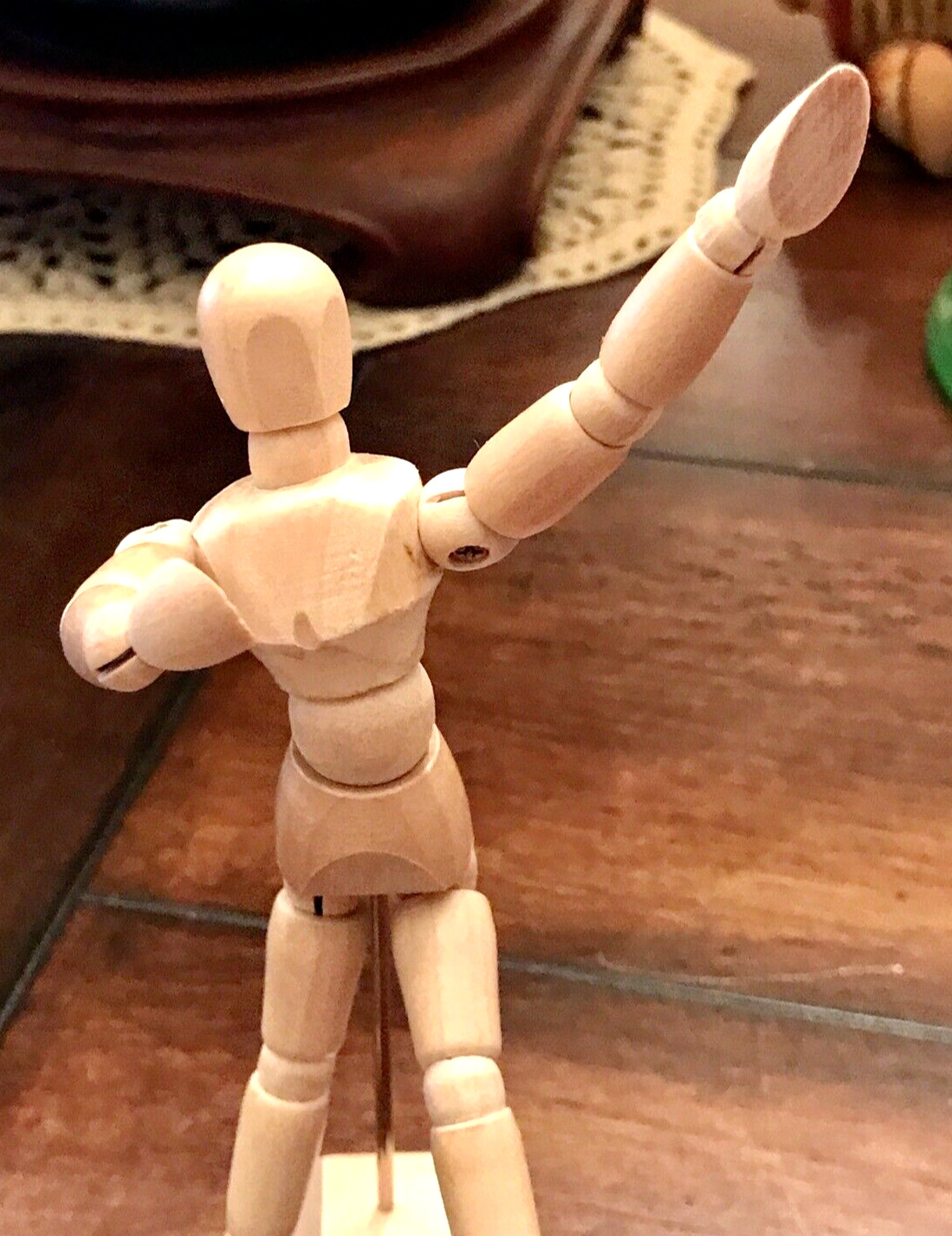 Wooden Articulated Posable Man Figure On Stand 5-3/8″