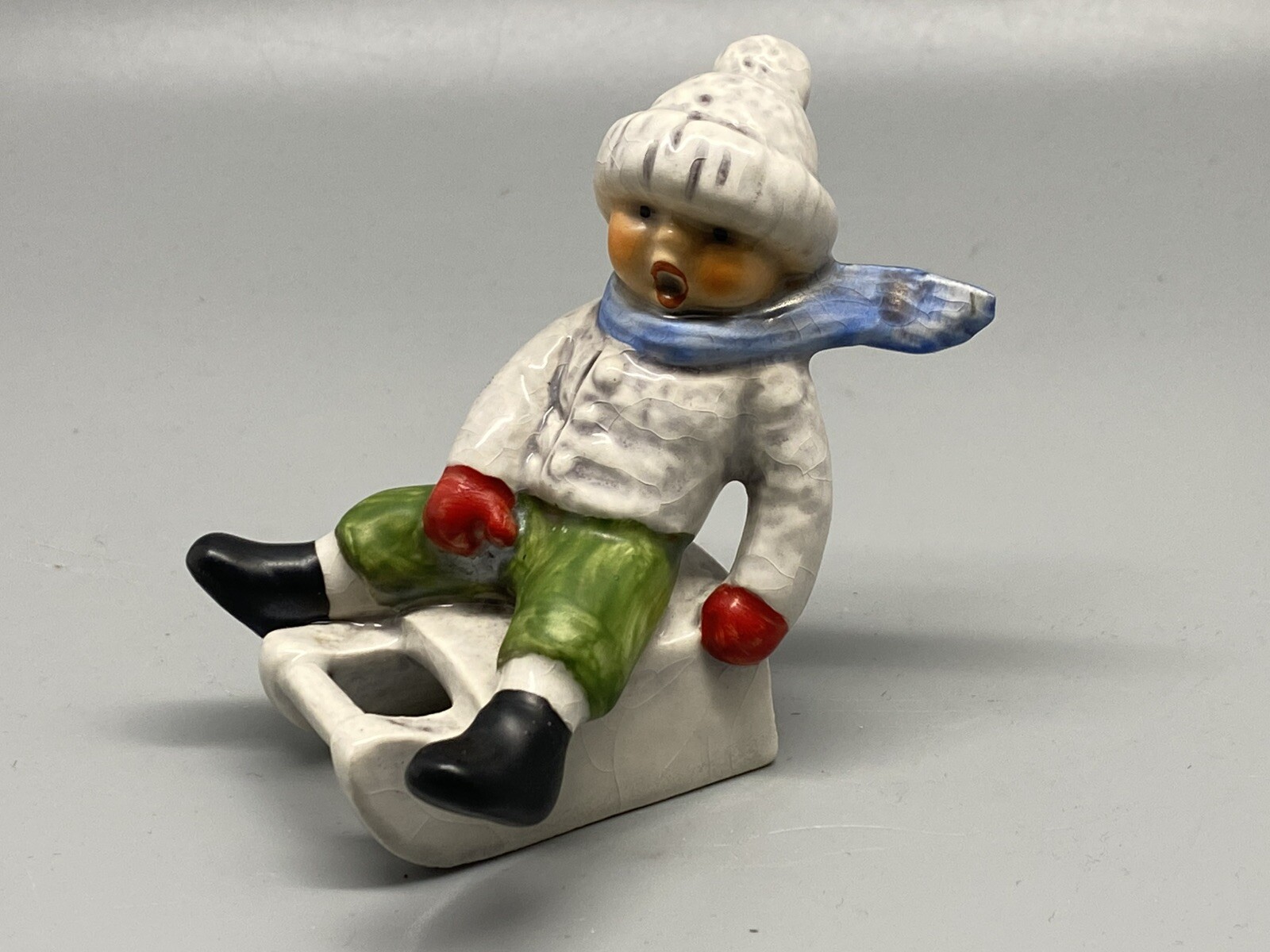 Goebel Porcelain Figurine Boy on Sled Scarf Flying Mint! 13904-07 Signed