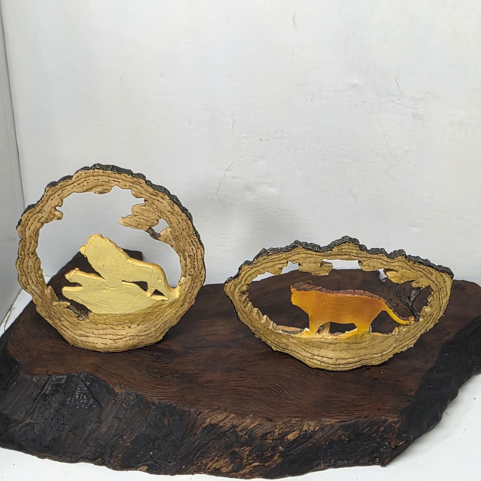 Vintage Faux Wood Resin Lion Tiger Jungle Animal Figurines Set Safari Decor