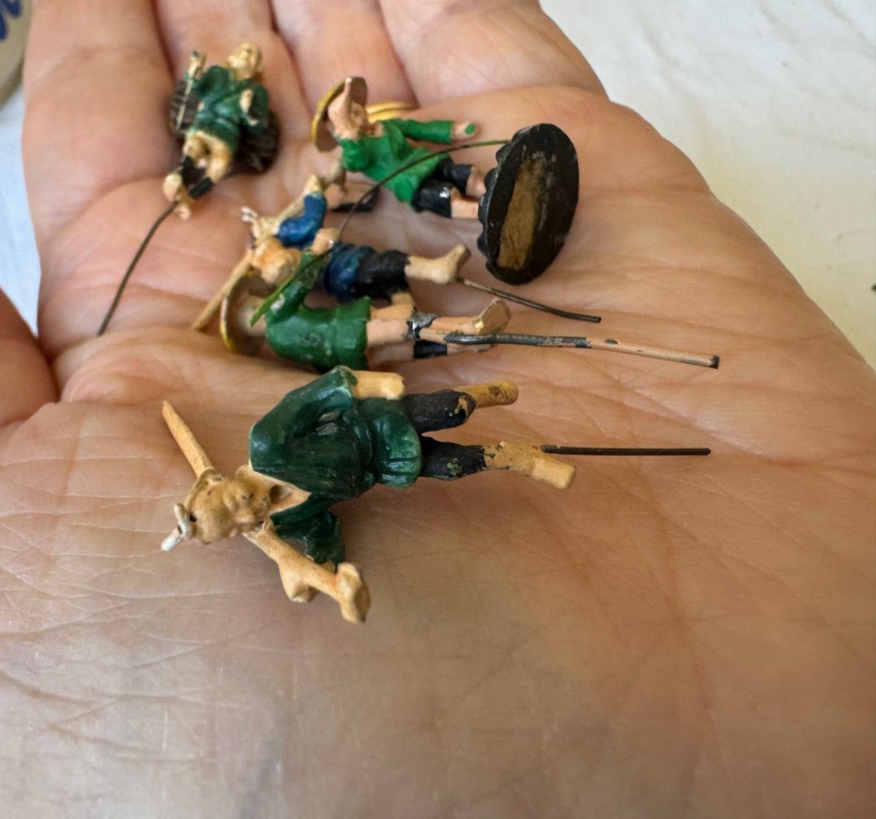 Lot of 5 Vintage Tiny Miniature Asian Figurines Lead Farmers Warriors
