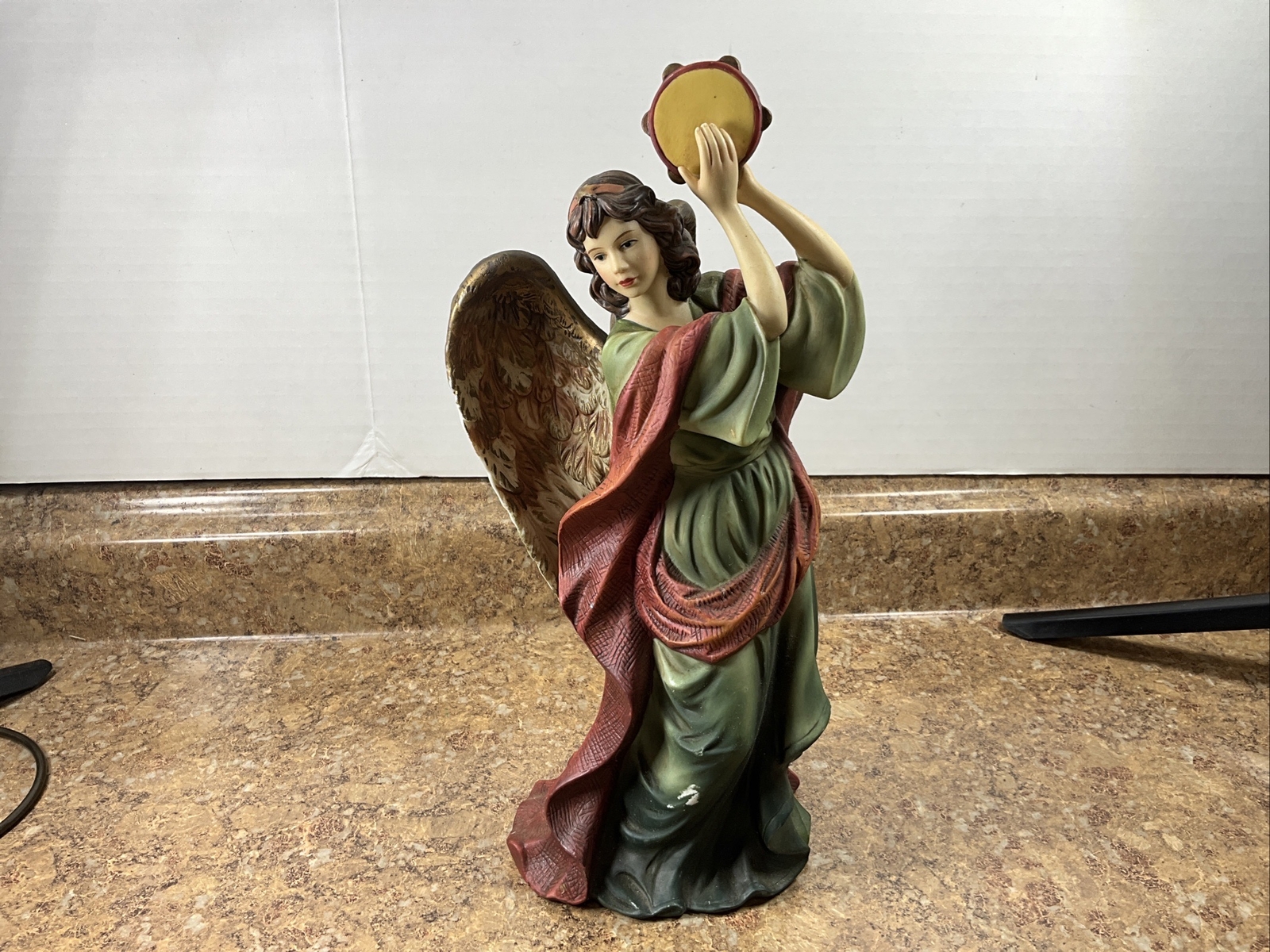 O’Well Hand Painted Fine Porcelain Tambourine Angel Figurine 11.50″H x 4.50″W