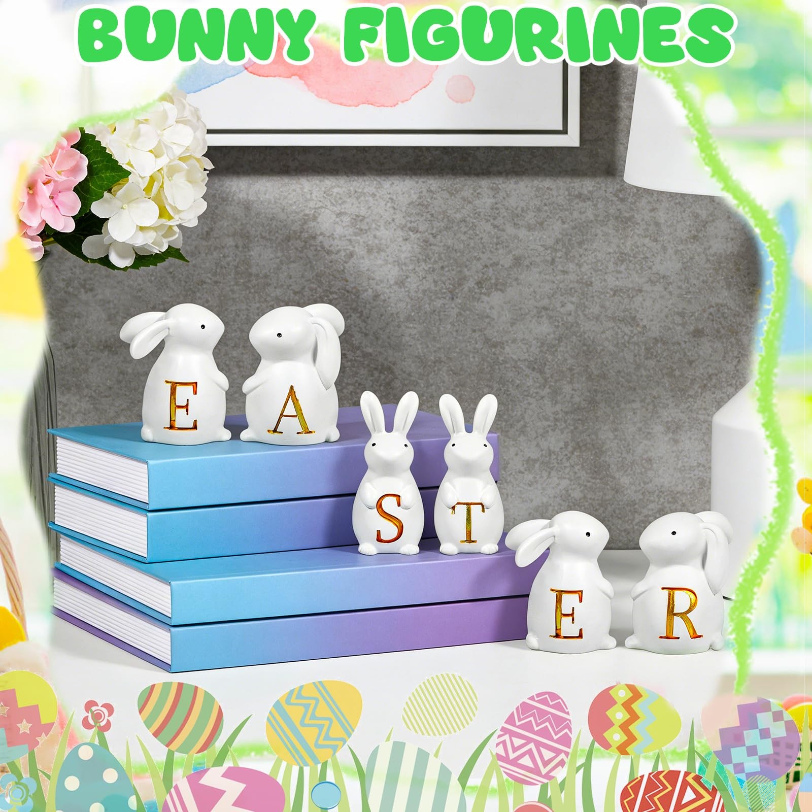 6 PCS White Resin Easter Bunny Figurines Gold Letters Spring Tabletop Decor