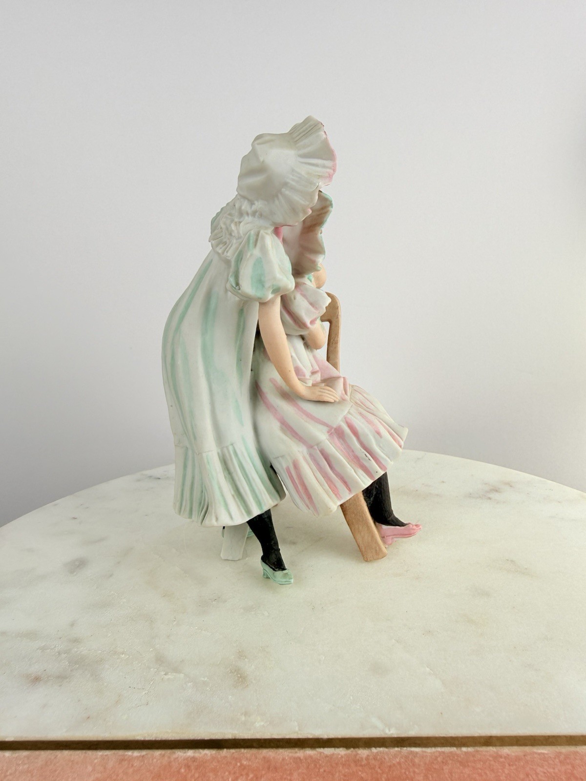 Antique German Bisque Figurine Two Girls on Bench Heubach Style Mold 3089 c1900