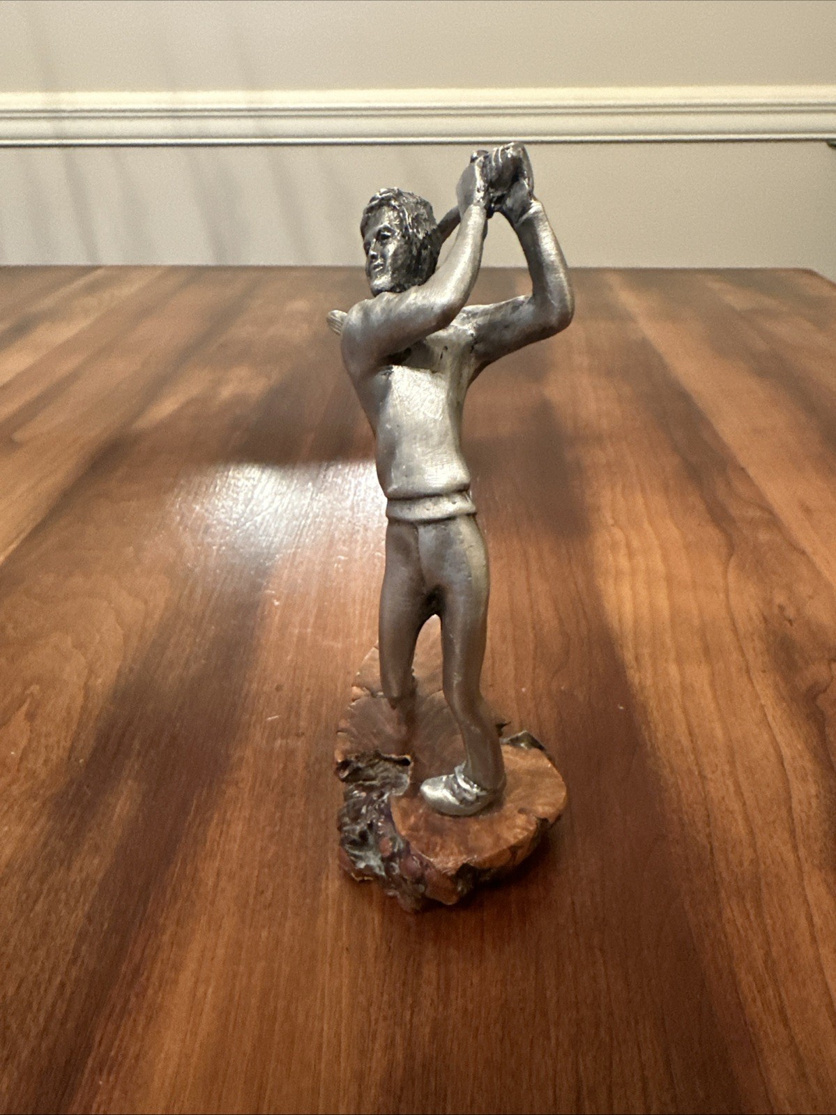Golfer Statue, In Mid Swing Detailed Sculpture Figure On Wood Stand 6.5”