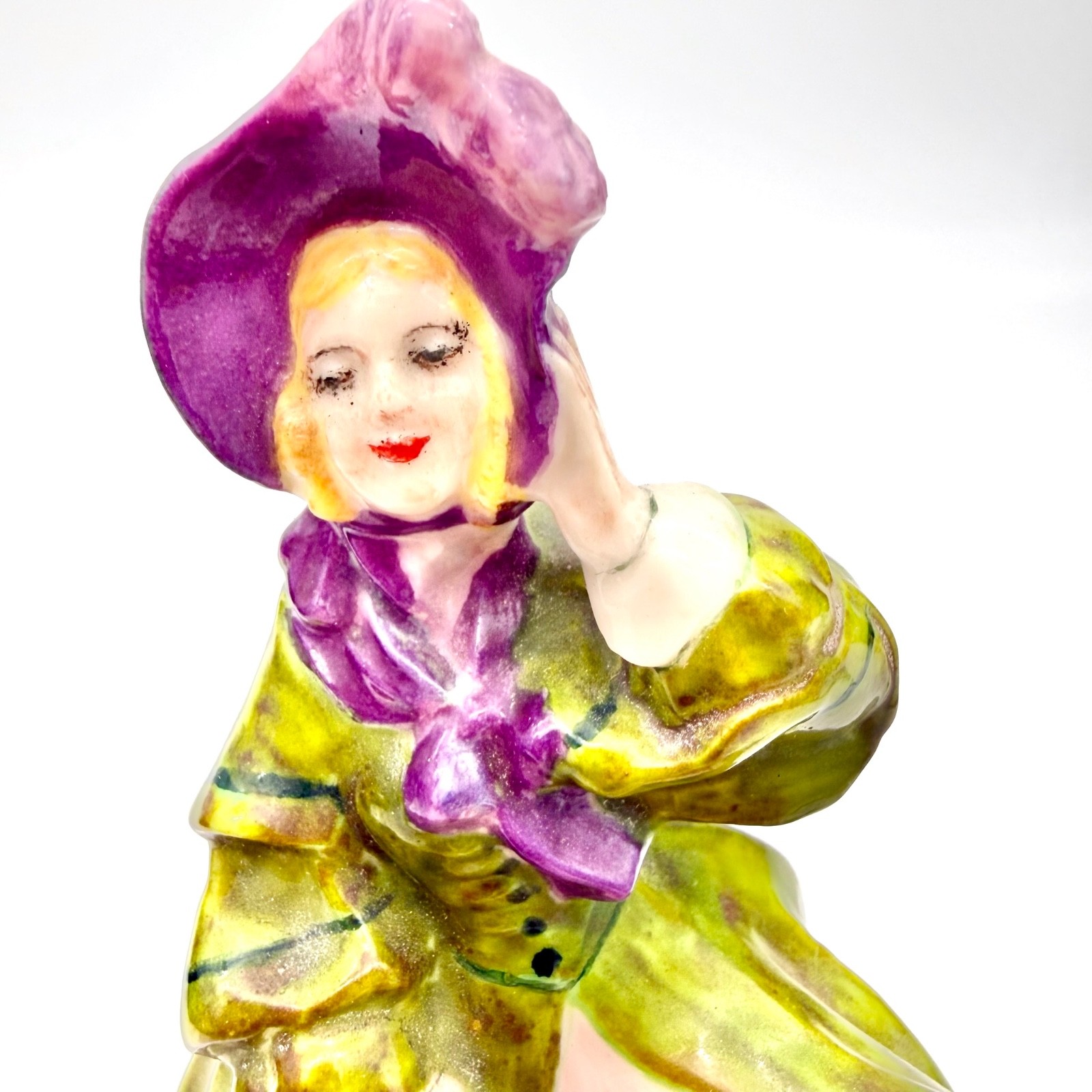 VTG Signed Grace Porcelain Lady Figurine 7.25″ Green Purple Bonnet Victorian