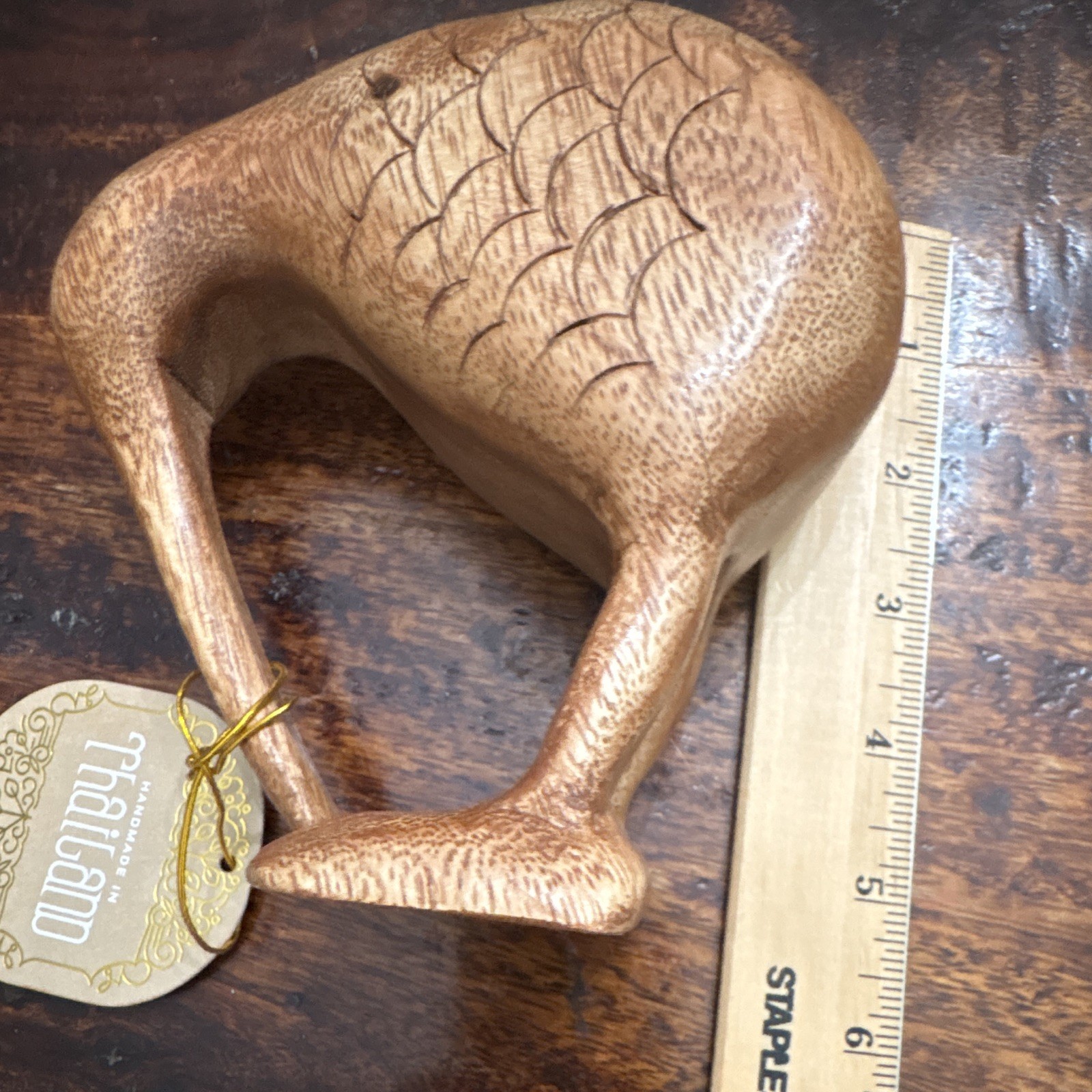 Handmade Thailand Carved Brown Wooden Kiwi Bird Figurine, Approx 6 x 5.5 in