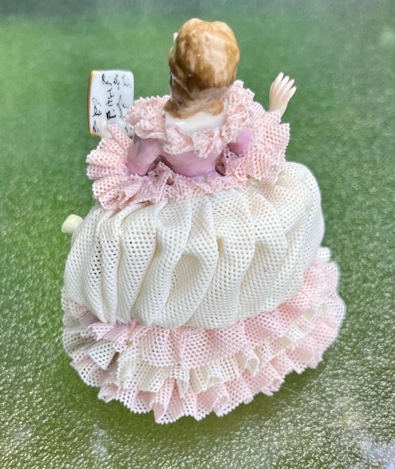 Vintage Porcelain Small MZ Irish Dresden Pink Lace Lady Holding Song Book 4″