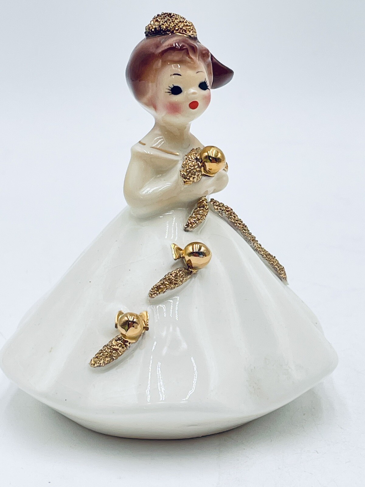 JOSEF ORIGINAL 🌸 NOEL Girl FIGURINE 🌸 WHITE WITH GOLD CHRISTMAS BALLS