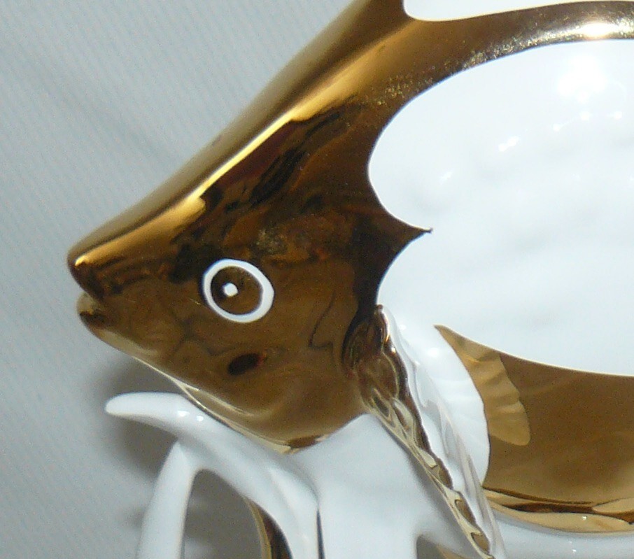 Porcelain Angel Fish Italy Statue 10×9″ W/ Flaw White 24k Gold Trim