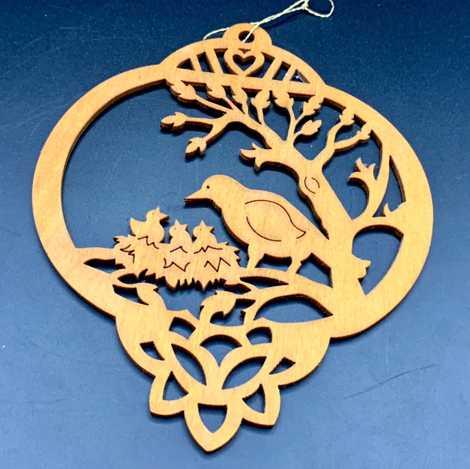 Vintage Artist Signed Wood Cut Out Wall Art Round Robin w/ Chicks Nest Tree 5.5″
