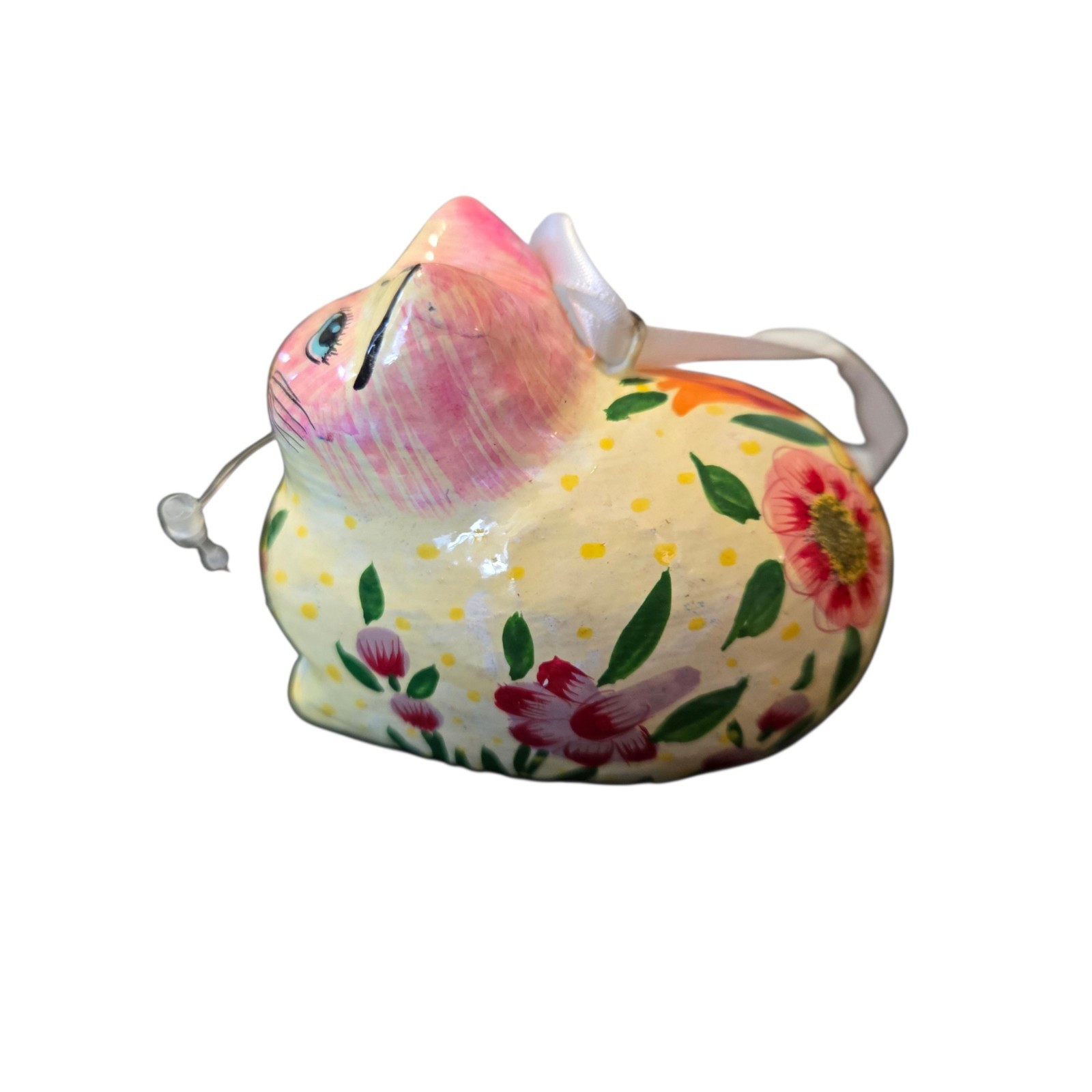 Whimsical Hand Painted Paper Mache Cat Ornament Kashmir Fair Trade Floral Folk