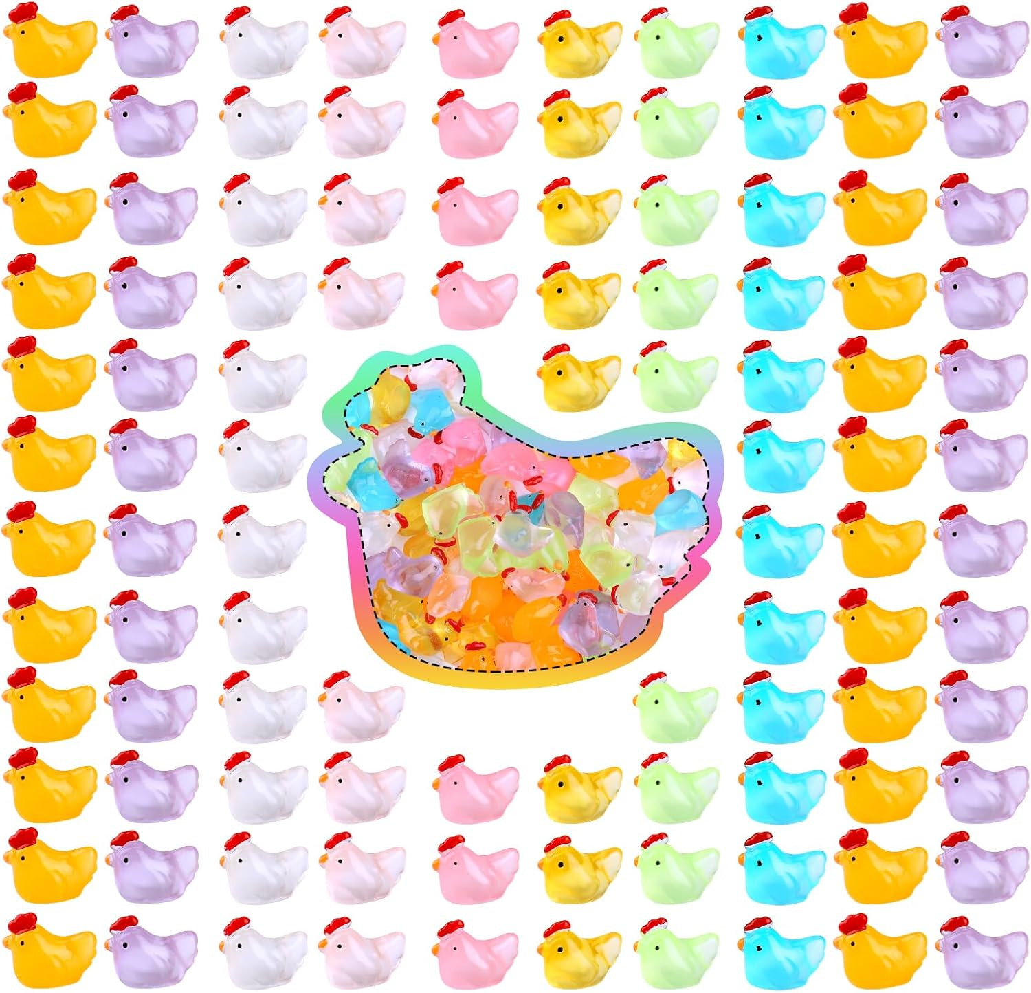 120 Pcs Luminous Mini Hens Figurines Glow in The Dark Tiny Resin Cute Chicken Mi