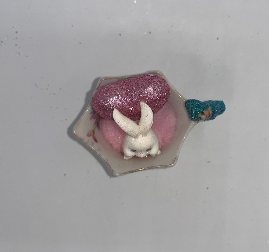 Vintage Valentine’s Day Miniature Bunny in Teacup w/ Pixie & Glitter Heart OOAK