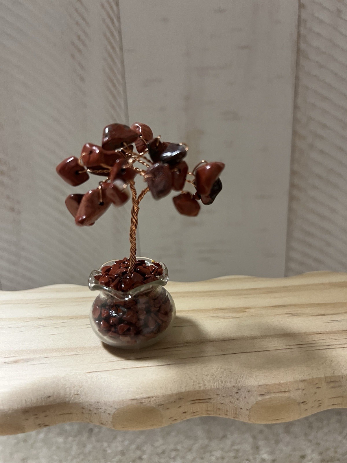 Small Red Gemstone Tree Figurine, Wire & Stone in Clear Glass Pot,