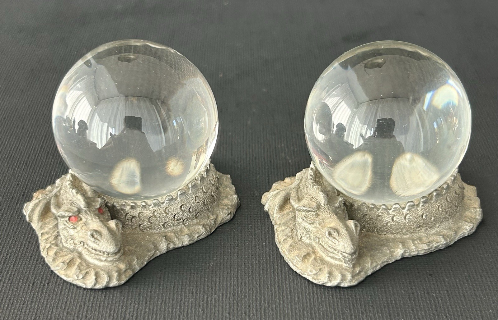 Spoontiques Pewter Fantasy Magic Dragon Serpent Clear Crystal Ball Pair Figurine