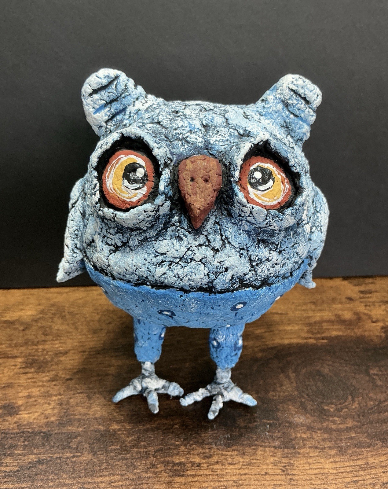 Artist Made 5.5” Paper Mache Whimsical With Big Eyes Owl Folk Art Colorful Cute!
