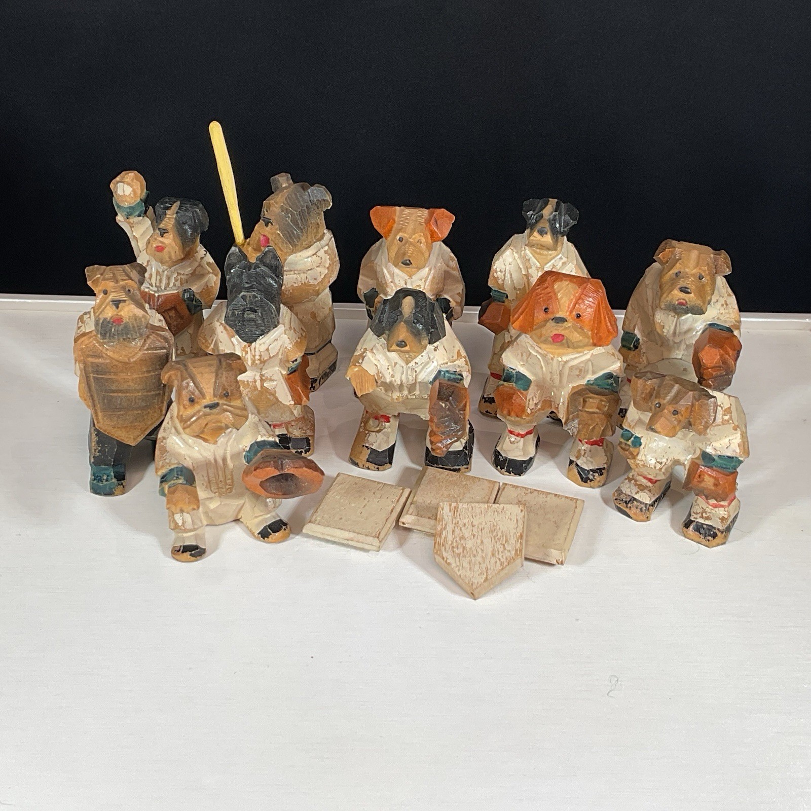 Vintage ANRI? Hand Carved Wooden Dog Baseball Team Figurines 15pc Set Sports