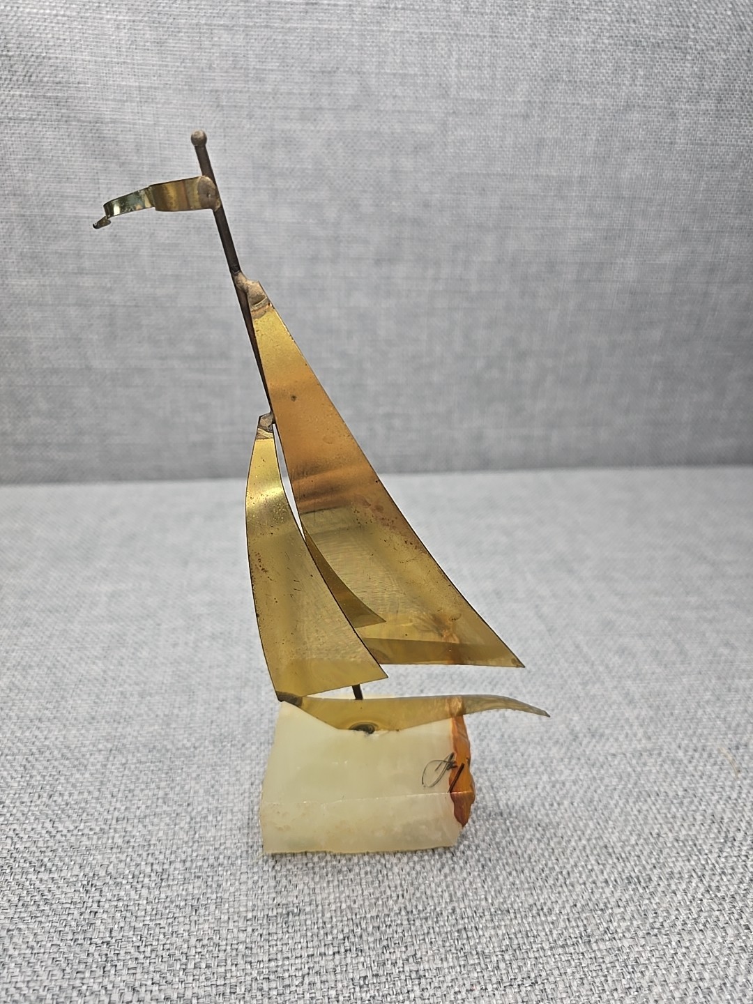 Sailboat MCM Nautical Brutalist Brass Onyx Quartz Base Mario Jason Signed