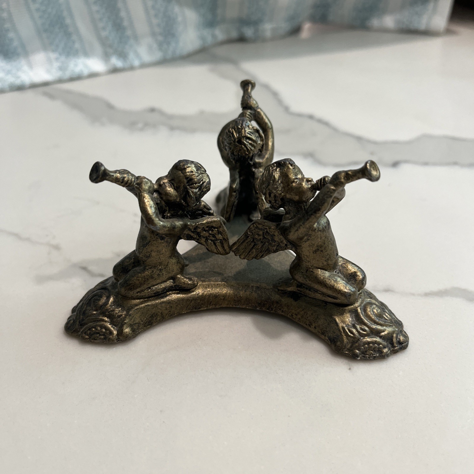 Vtg 3 Musical Angels/Cherubs Playing Horns Metal Figurine/Stand Retro Decor Gift