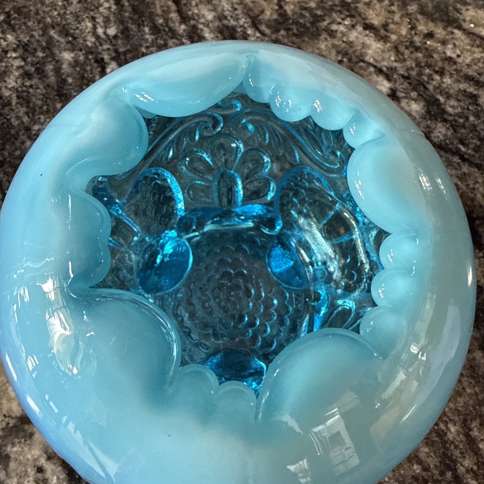 Vintage English Sowerby Blue Opal Piasa Bird Opalescent Glass Rose Bowl