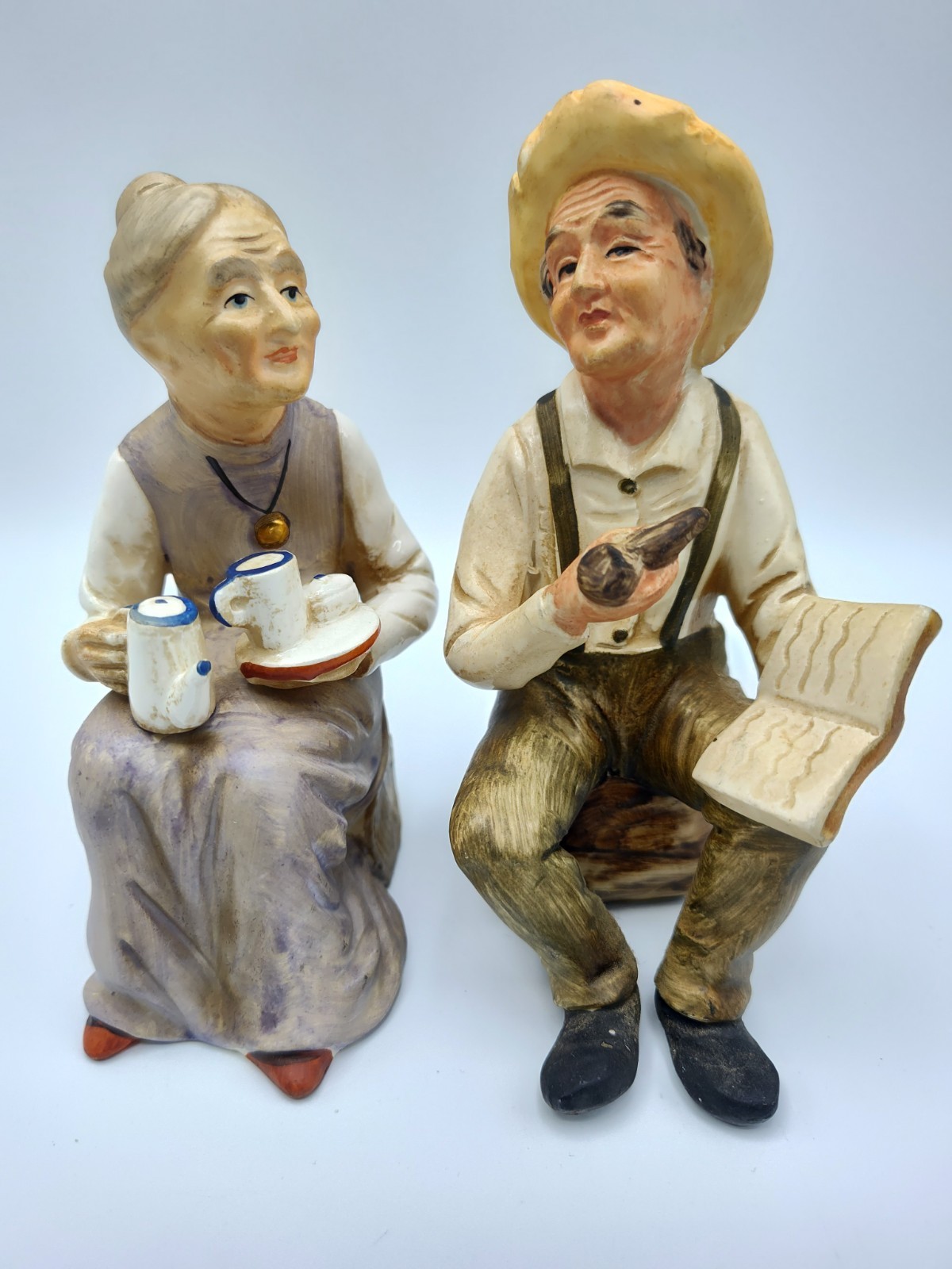 Vintage Old Man With Pipe And Old Woman With Tea Figurines #2040 Made In Japan