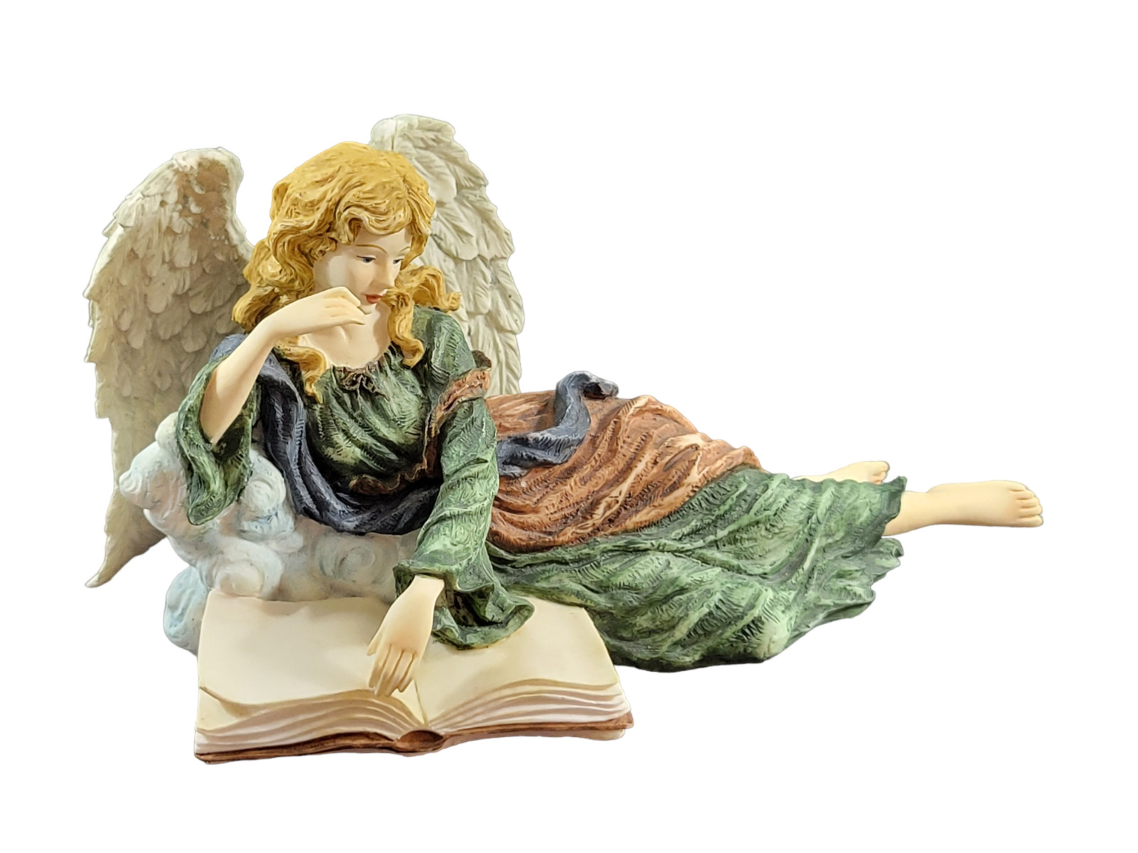 Sculpted Resin Ceramic Angel Relaxing Reading Book Figurine Hand Painted 10″