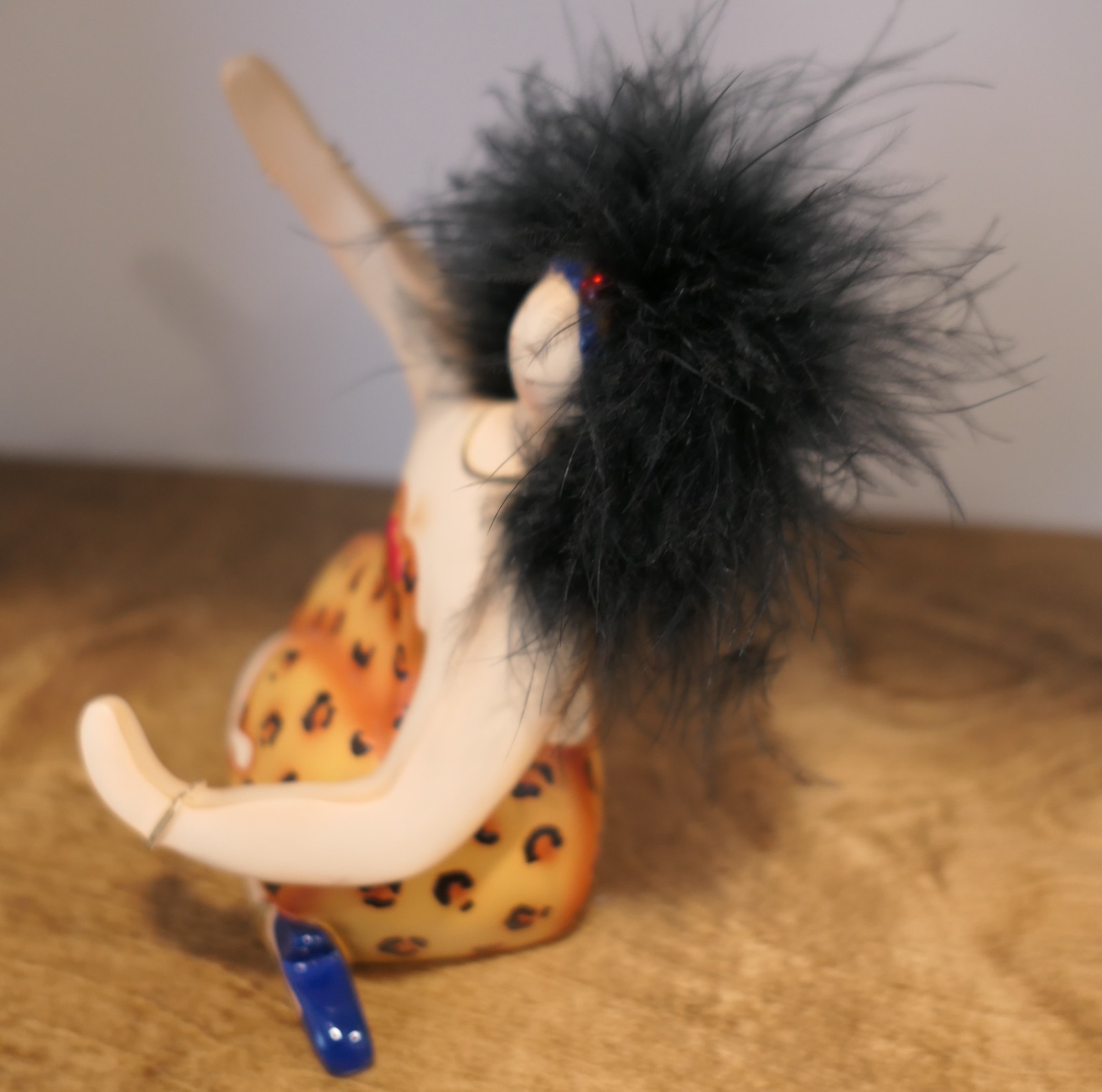 Kitschy Lady Figure Zen Yoga Pose Animal Print Dress Real Feather Hair