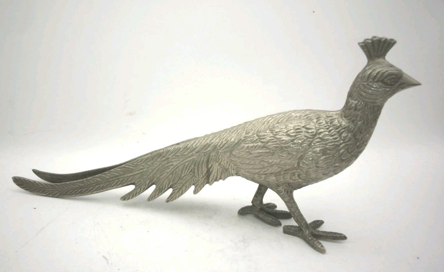 8.75″ Vintage Cast Metal Silver Tone Pheasant Nice Feathers Figurine Bird