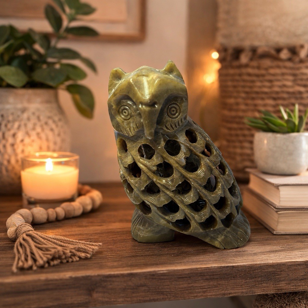Hand Carved Soapstone Owl Sculpture Mother & Baby Figurine India Folk Art 4.5”