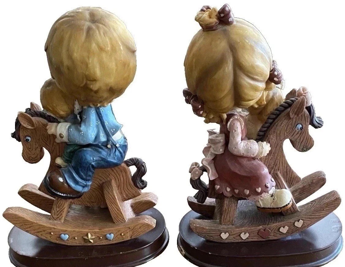 Boy & Girl on Rocking Horses Quality Resin Montefiori Made In Italy Vintage