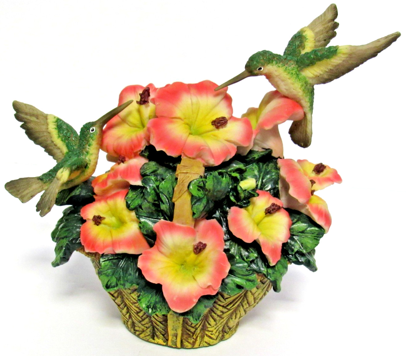 HERITAGE HOUSE “HUMMINGBIRDS ON FLOWER BASKET” ~ (5.25″ TALL) ~ ** PORCELAIN **