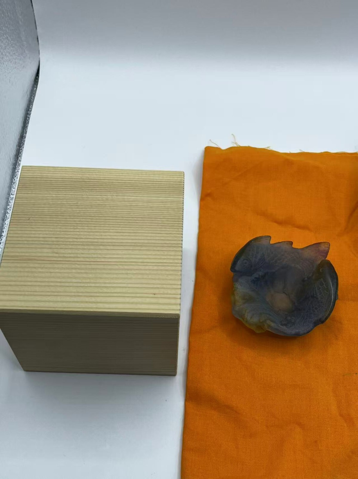 Daum France Pate de Verre Art Glass Small Fish Bowl / Pisces Gift w/ Wooden Box