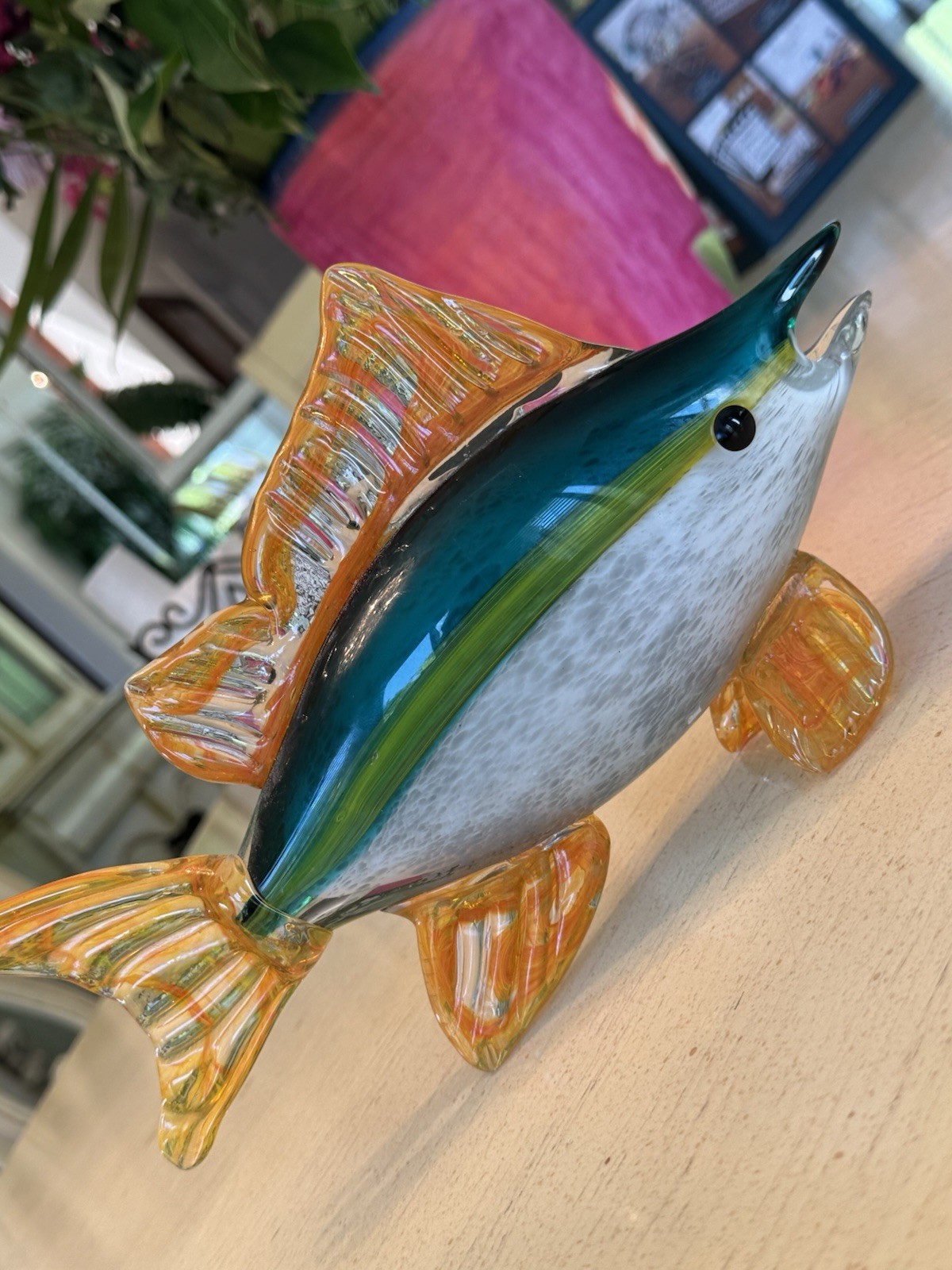Large Hand Blown Art Glass Tropical Fish Sculpture 11” Murano Sty Amber Green Bl