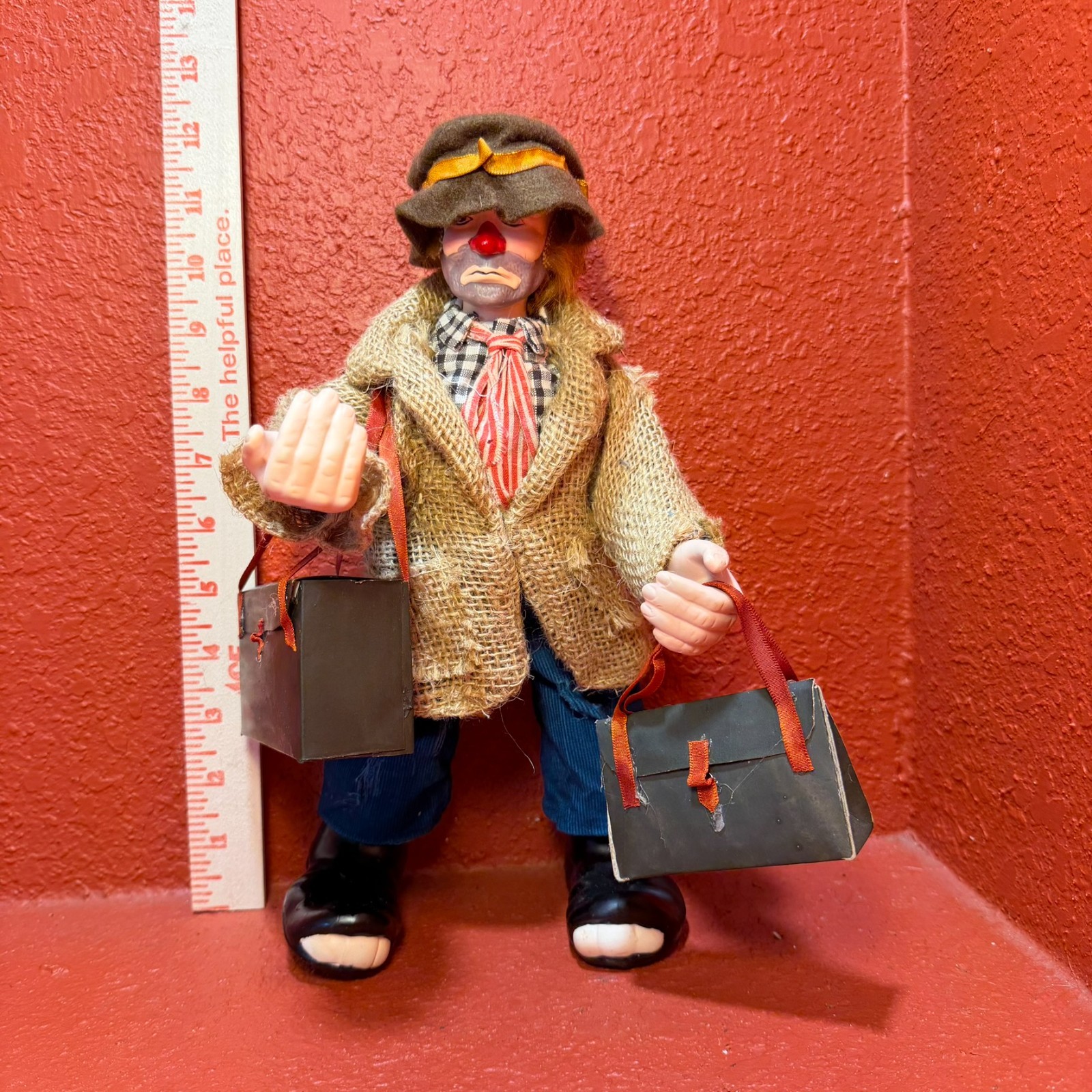 Emmett Kelly Jr Real Rags 12” Clown Doll “Bags Packed “Porcelain & Fabric Mache